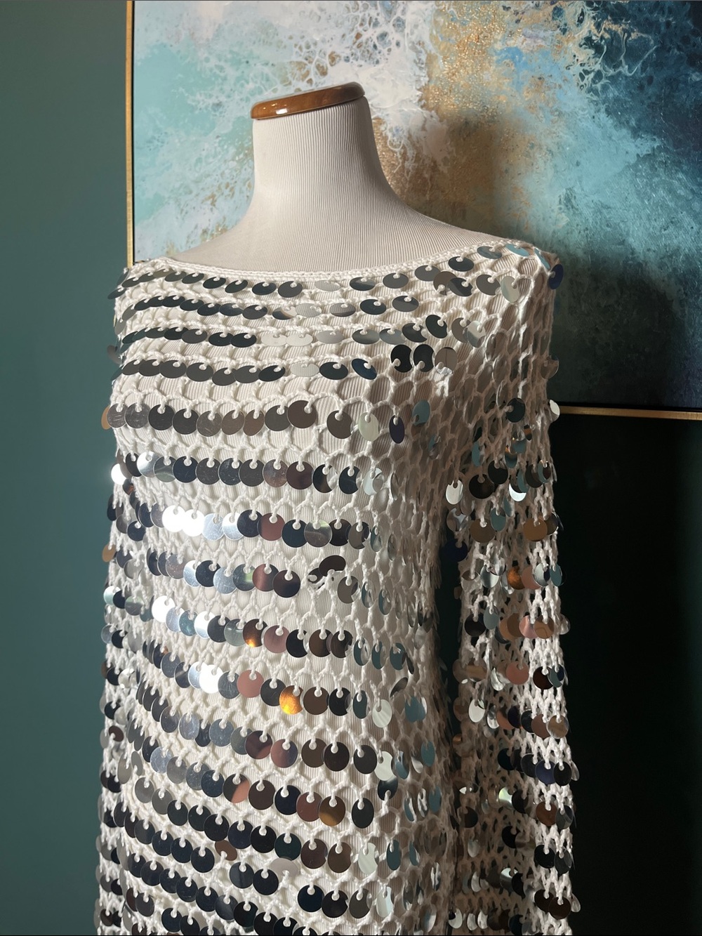 AKIRA Silver White Sequin Crochet Long Sleeve Dress - Picture 2 of 6